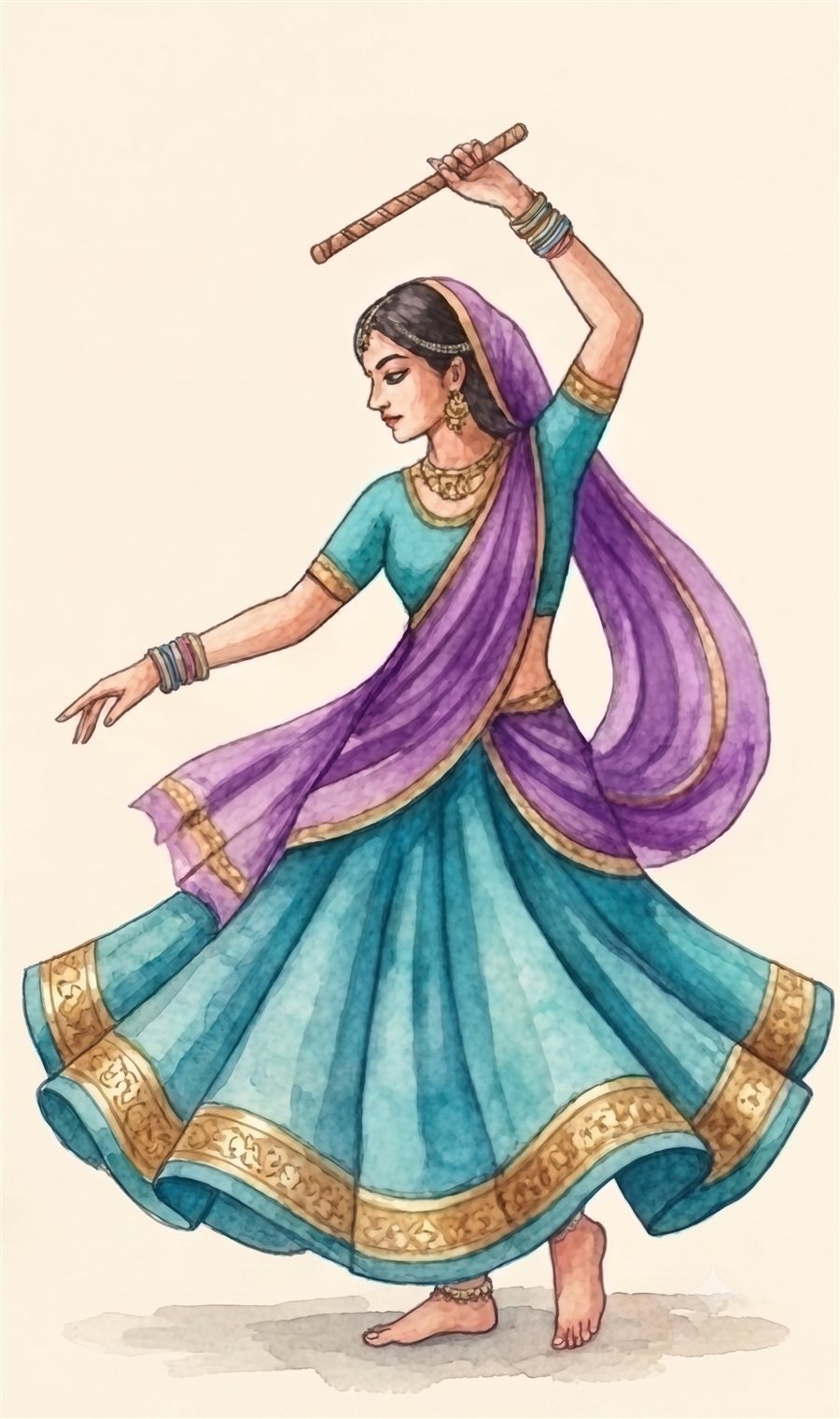 Illustration of a woman dancing Garba with a dandiya stick raised